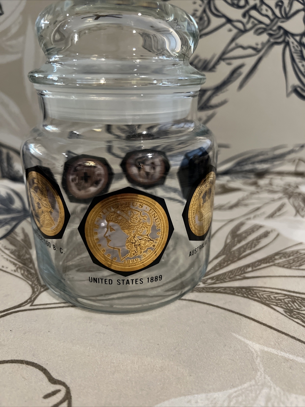 RARE Vintage Gold & Black Apothecary Jelly Bean Jar “Coins Around the World”