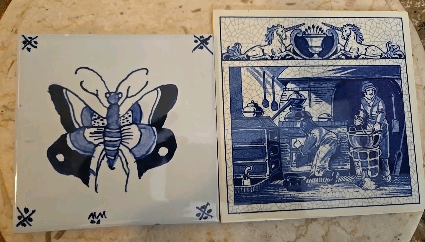 2 BLUE DELFT SCHOONHAVEN HOLLAND HANDMADE PILL TILES 1990s Handmade Read
