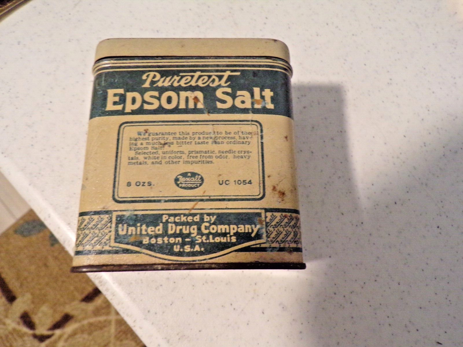 VINTAGE 1940’s FULL PURETEST EPSOM SALT TIN , REXALL PRODUCT 8OZ.