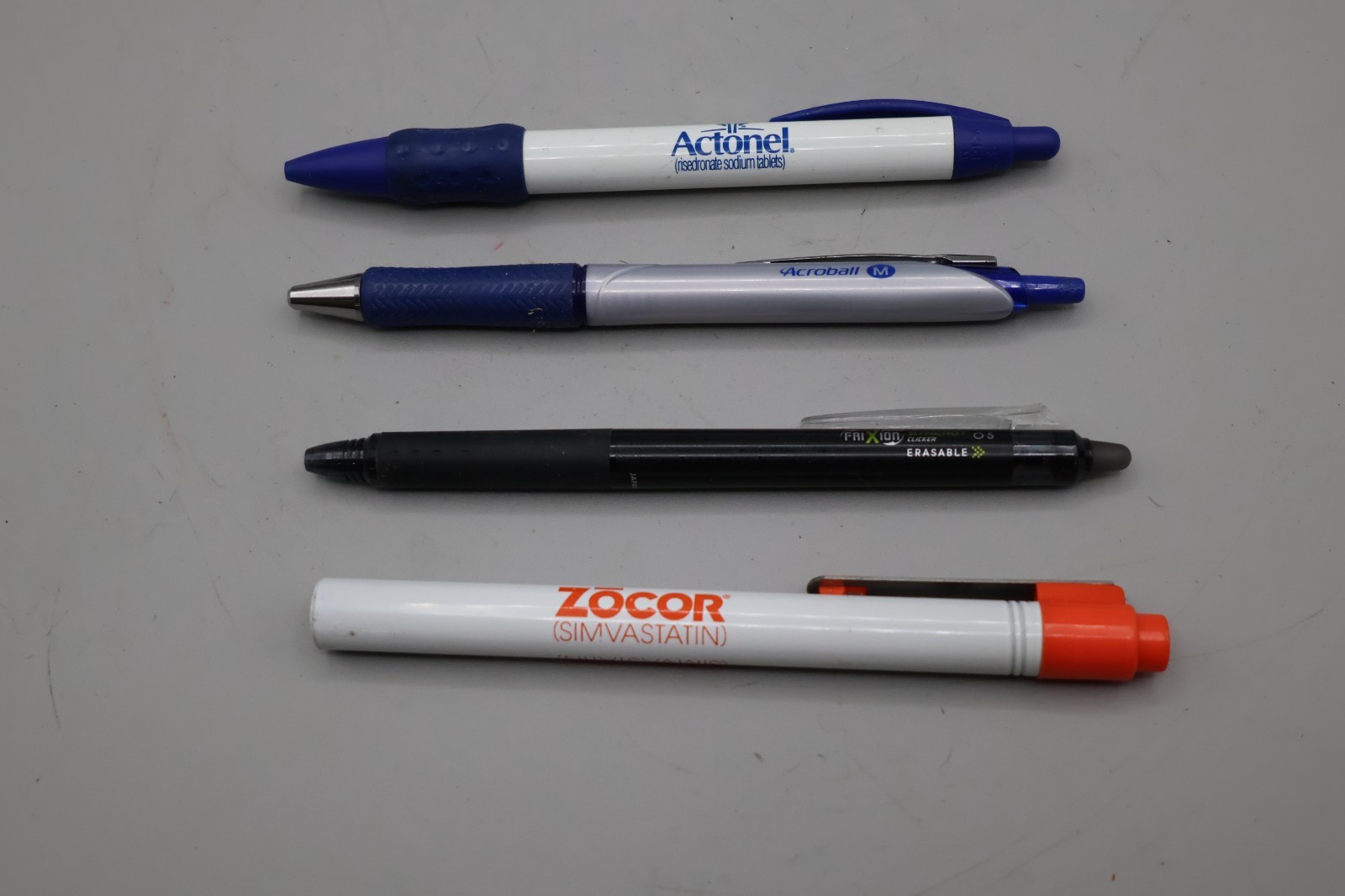 Lot of 4 Advertising Pens Pilot FriXion Acroball Actonel Zocor Drug Rep Promo Pe