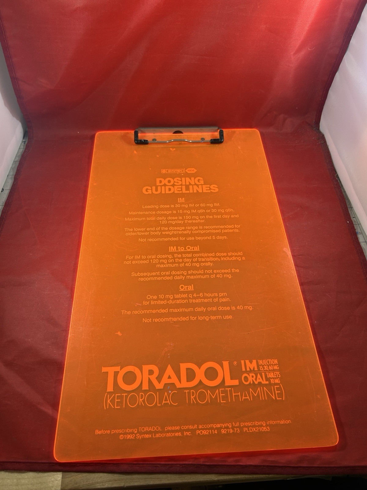 Vintage 1990s TORADOL Clipboard Medical Promo Painkiller Neon Orange