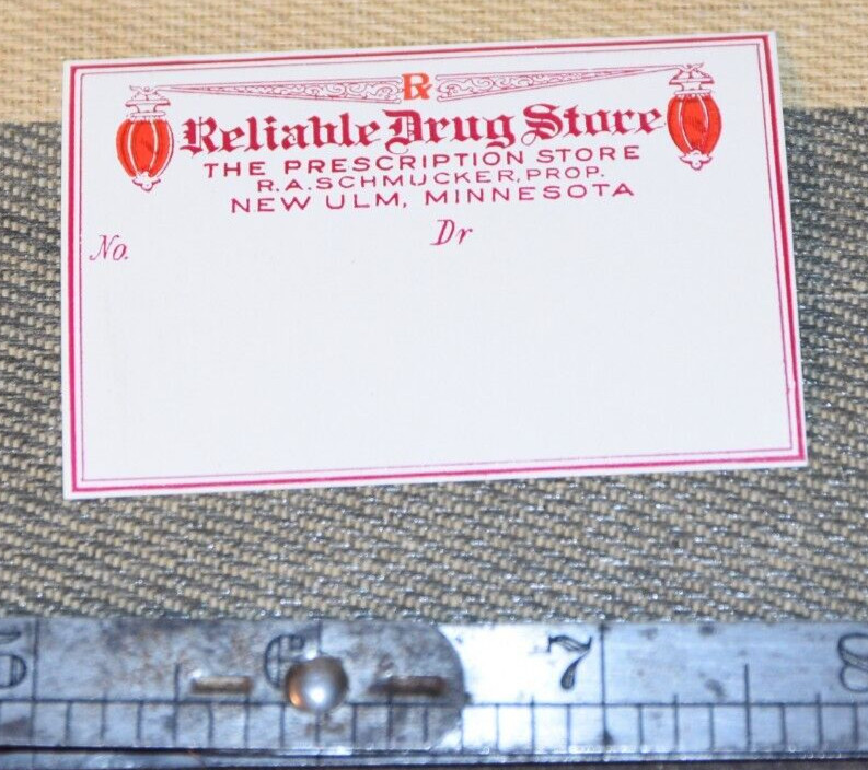 RELIABLE DRUG STORE Prescription Label New Ulm Minnesota UNUSED Original Vintage