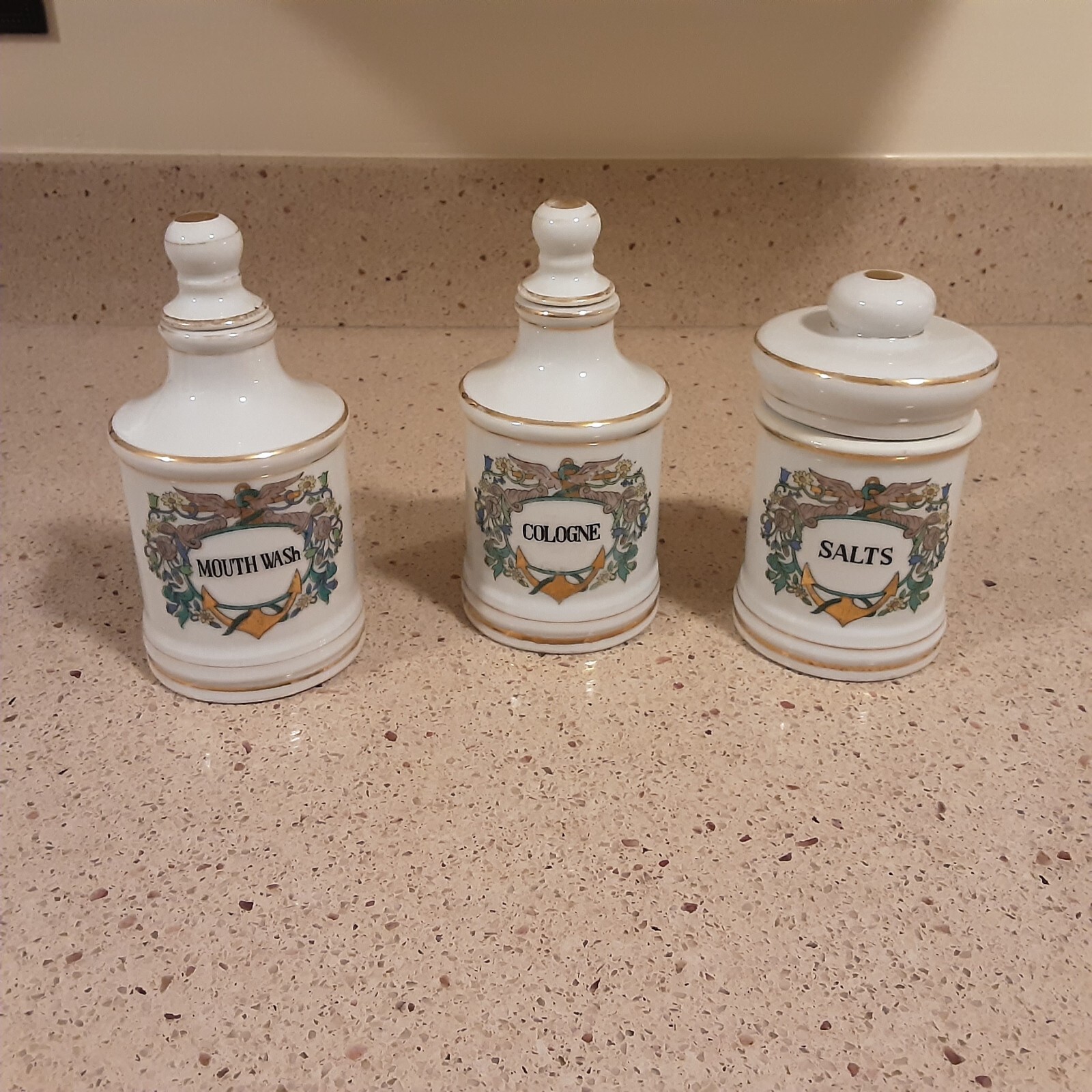 Set of 3 Vintage Ceramic Apothecary Pharmacy Jars with Lids