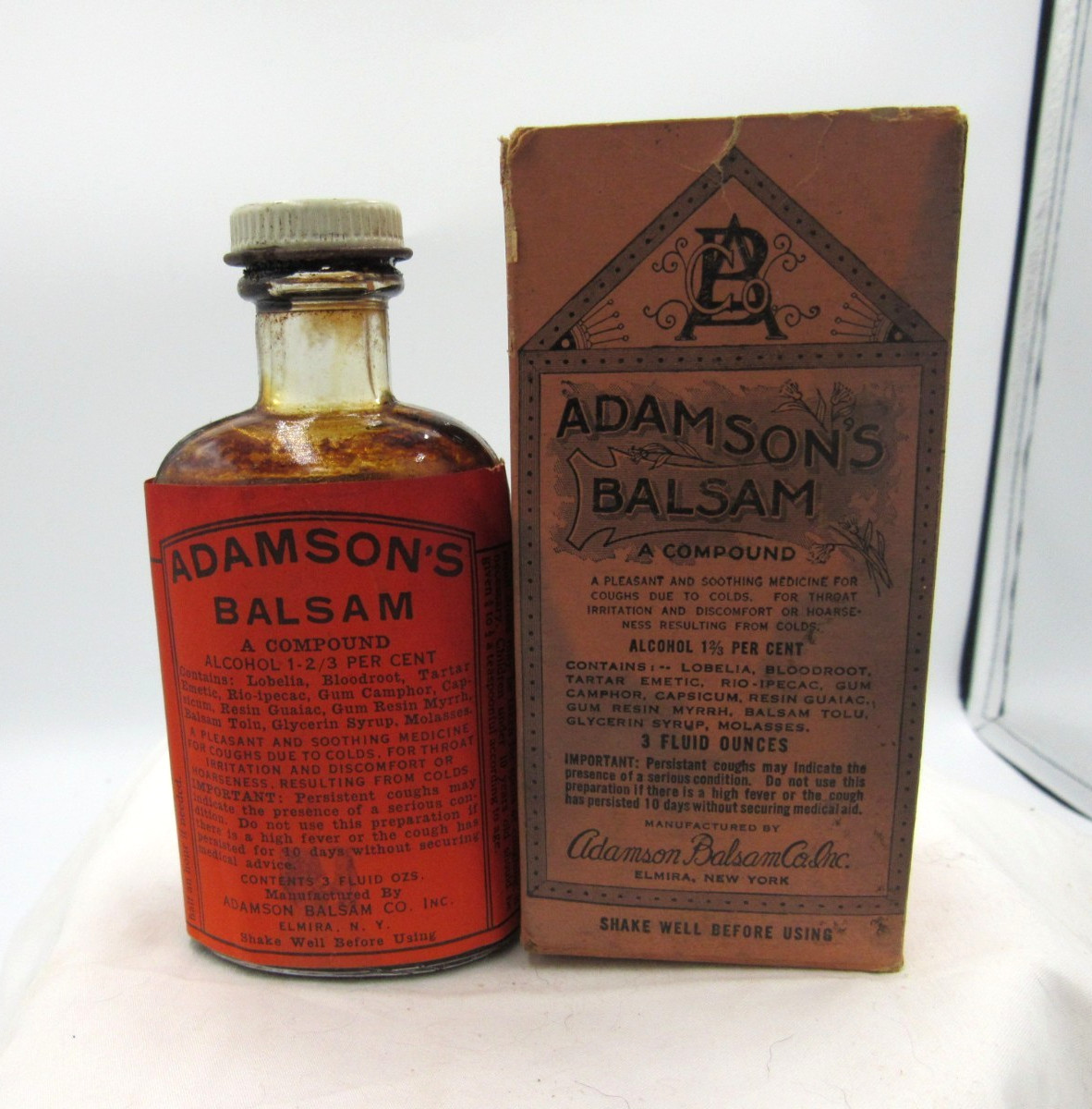 BW – 1930s Adamson’s Balsam Elmira NY 4 5/8 ” Medicine bottle Box No 2
