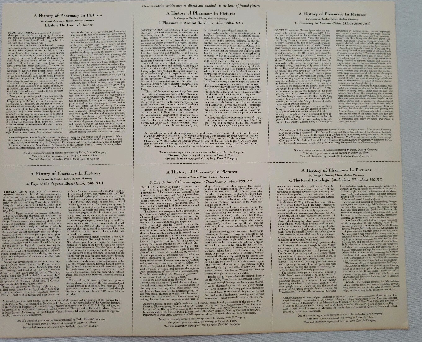 Vintage 1951 Set of 6 Parke Davis A History Of Pharmacy In Pictures Lithographs