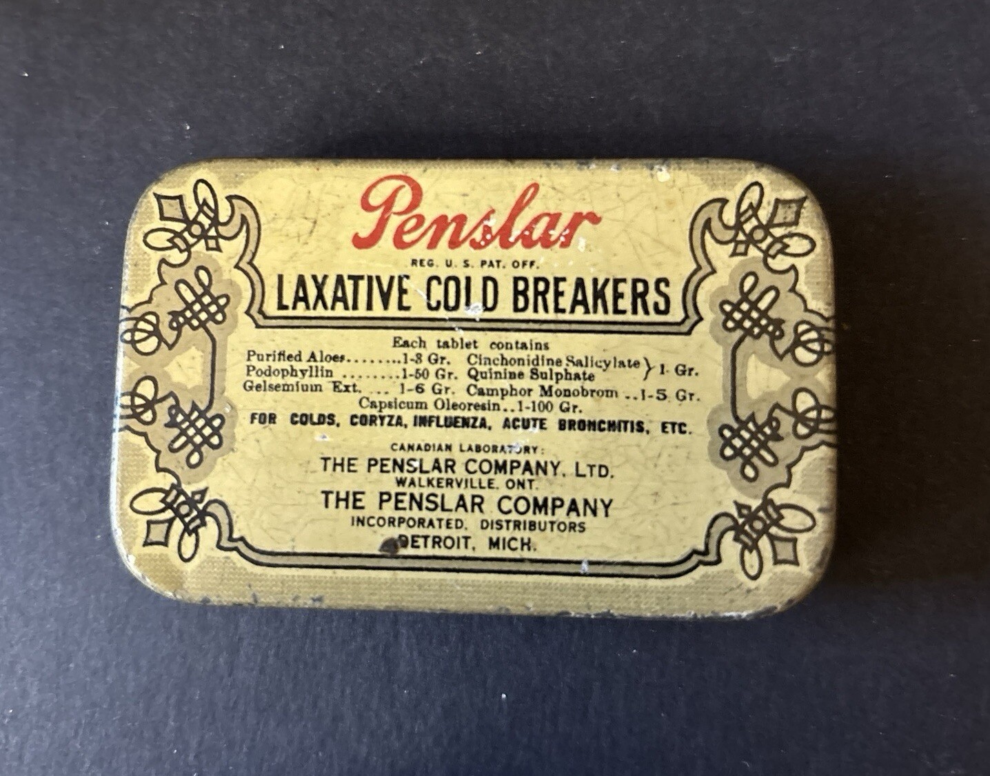 2 Vintage Penslar Company Laxative Cold Breakers Tins 2.5” x 1 5/8” Medical