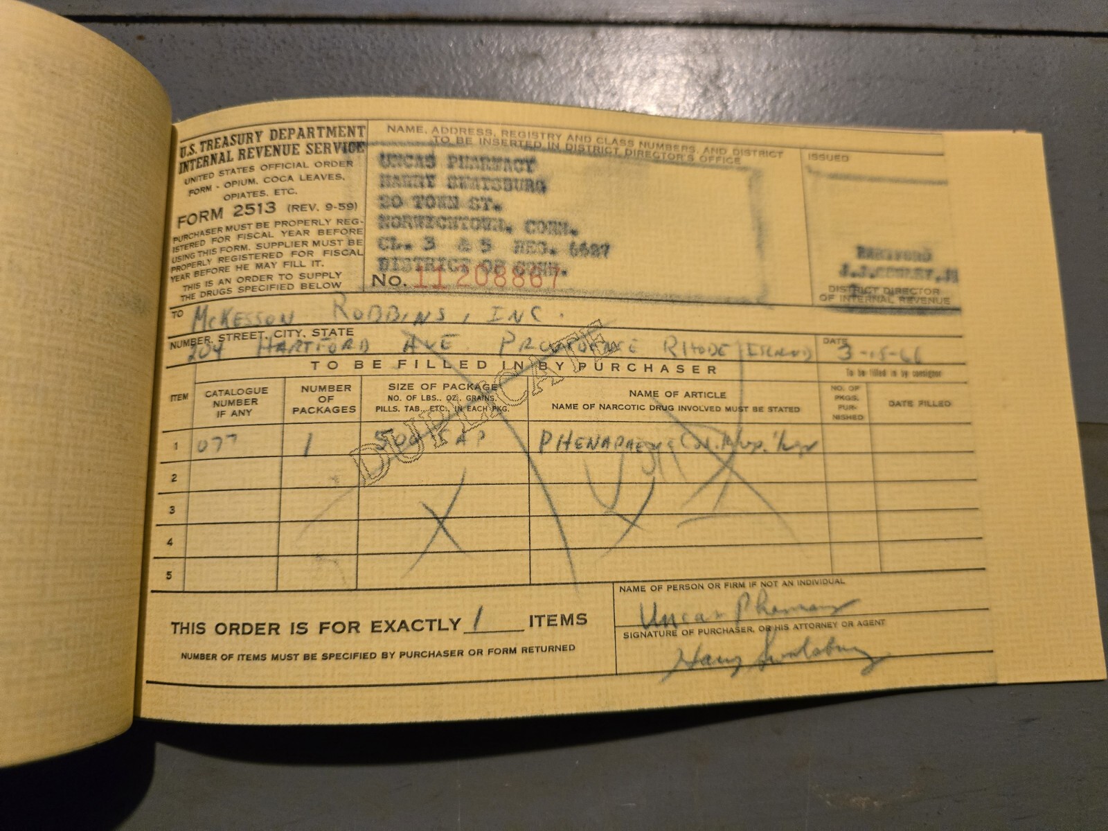 Vintage US Treasury IRS Opium Coca Leaves Opiates Narcotic Order Form 1966