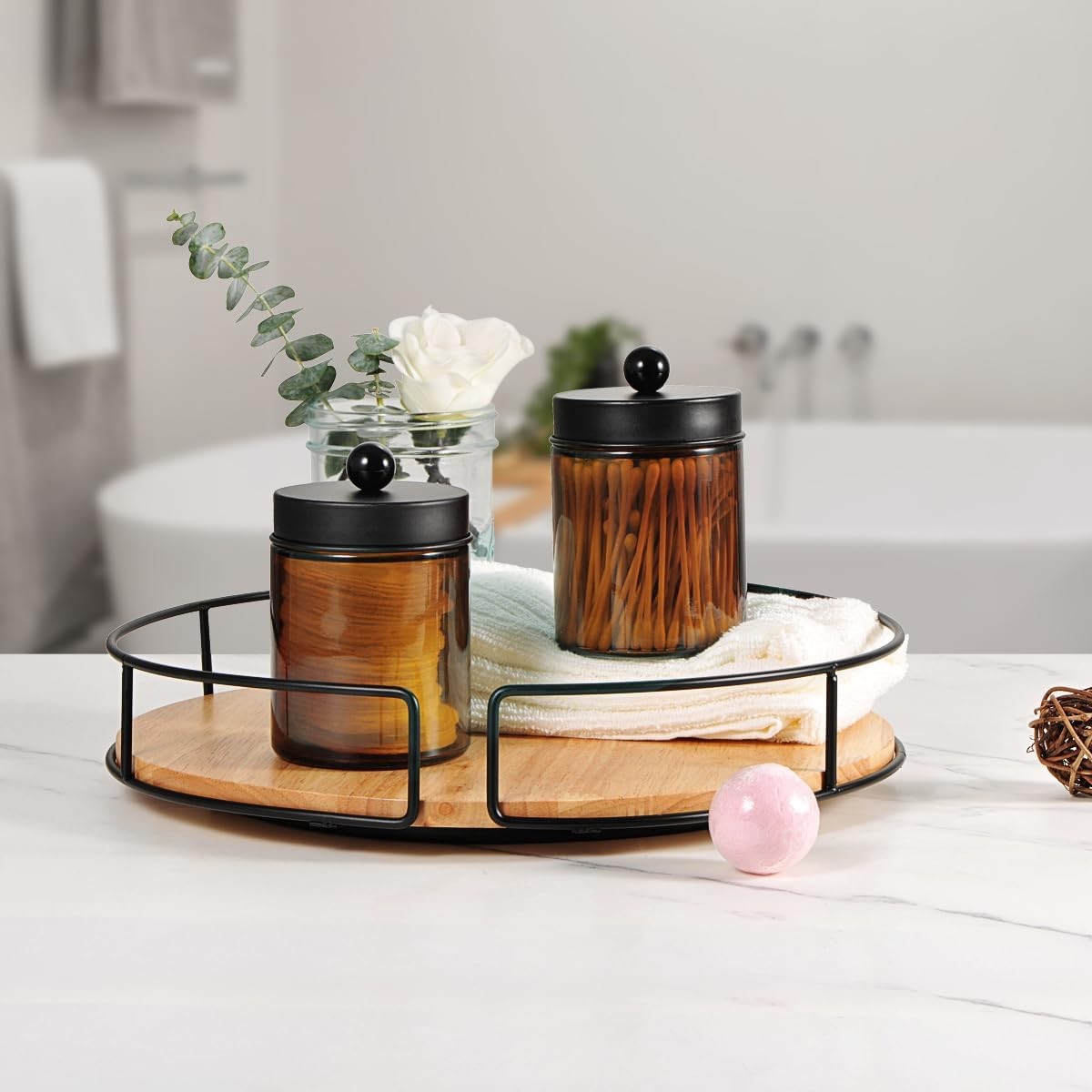 Amber Glass Qtip Holder, Apothecary Jars with Matte Black Metal Lid &