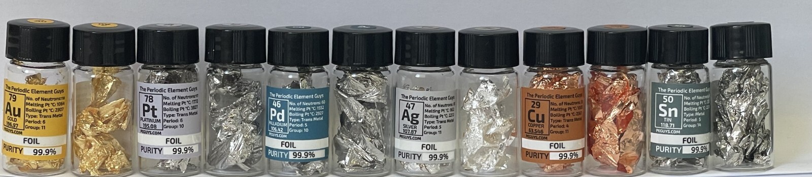 Gold Platinum Palladium Silver Tin Copper Foil / Leaf in Labeled Element Bottles