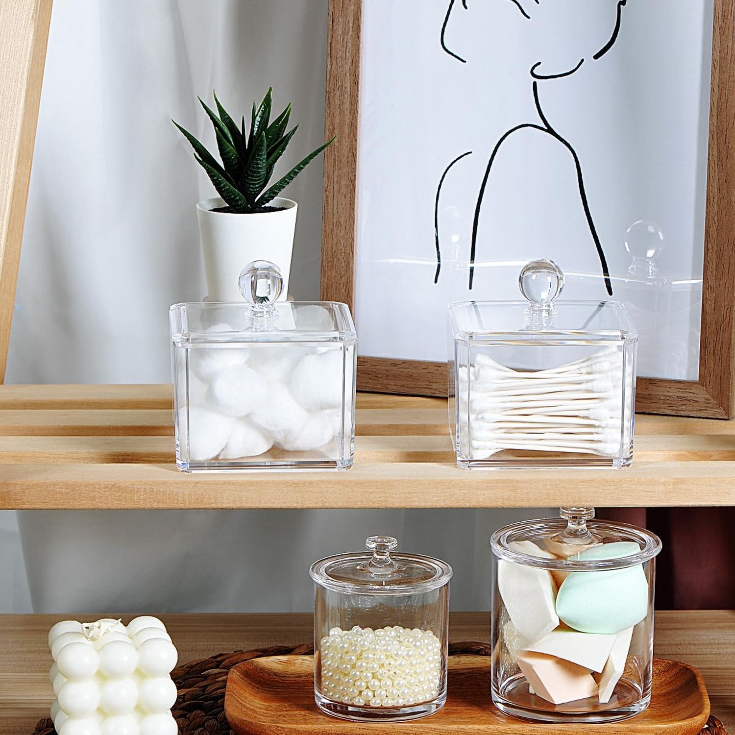 SheeChung 2-Pack Modern Square Acrylic Qtip Holder – Clear Apothecary Jars wi…