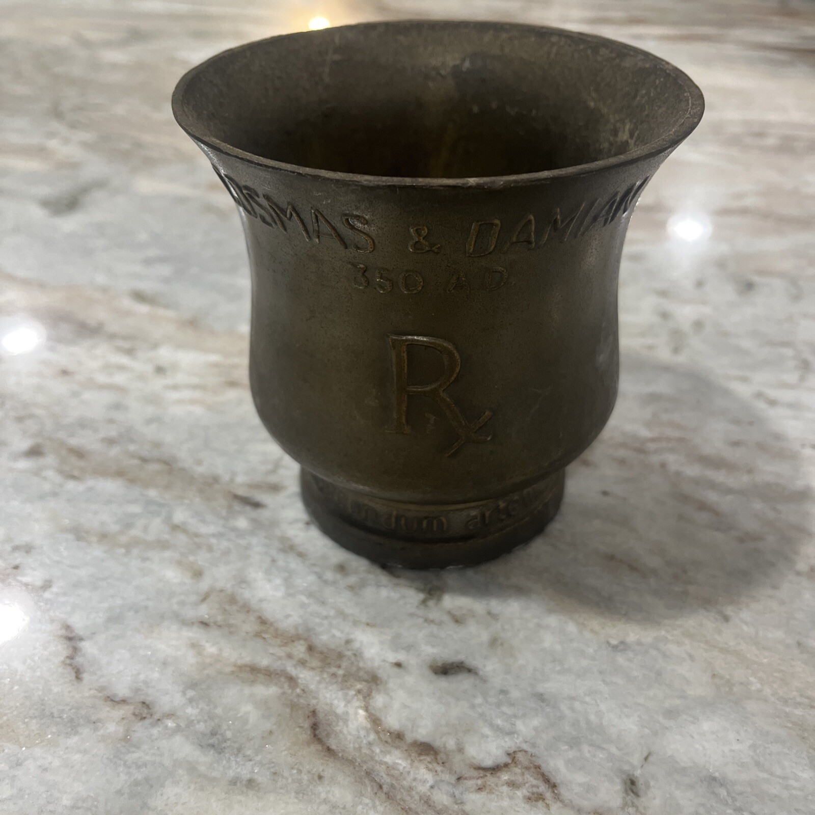 Vintage Mortar Cosmas & Damian NO Pestle Brass Apothecary Secundum Artem