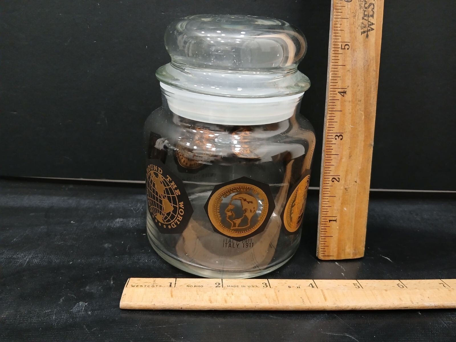 RARE Vintage Gold & Black Apothecary Jelly Bean Jar “Coins Around the World”