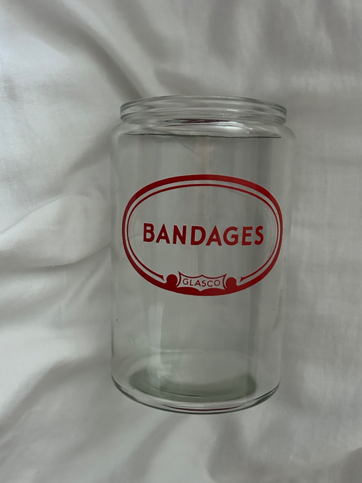 Vintage – Doctor’s Office BANDAGES Glass Storage Jar – Glasco Medical USA