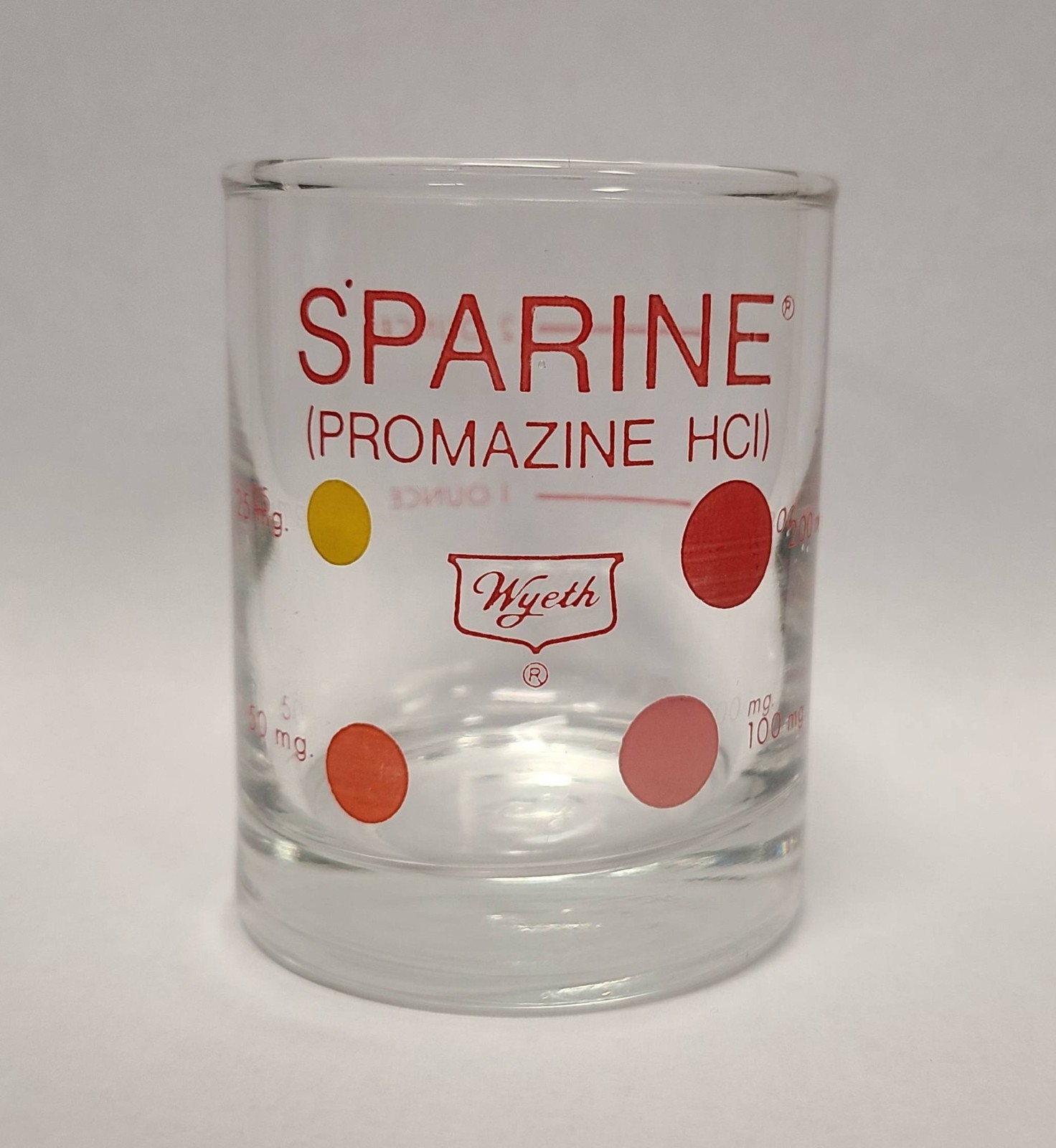 SPARINE WYETH Shot Glass Measuring Cup Vintage Red Dots 2 oz