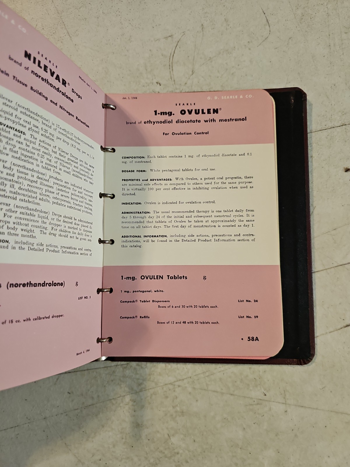 Vintage 1960’s G.D. Searle & Co Pharmaceutical Products Reference Book In Binder