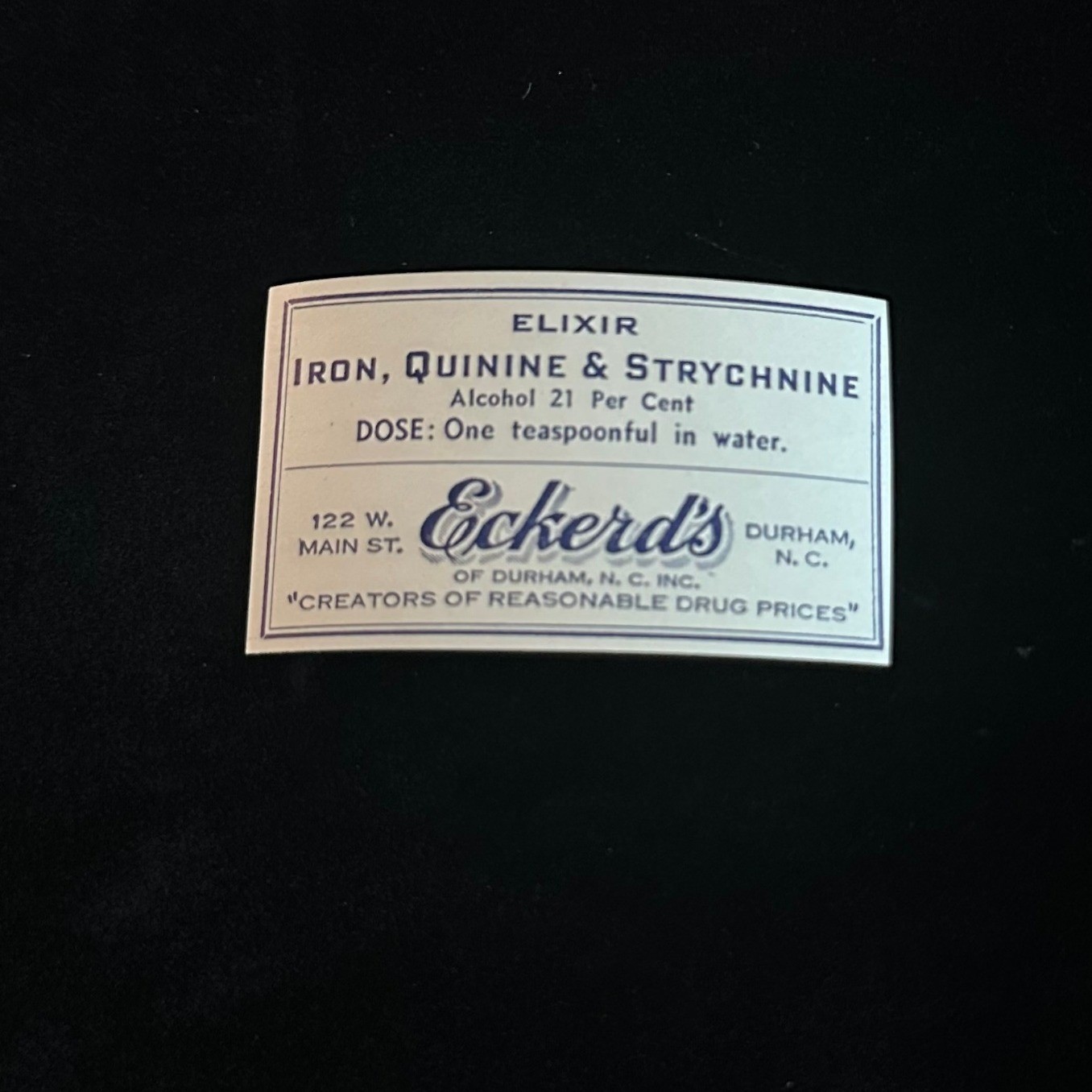 Vintage Eckerd’s Drug Store Apothecary Label Elixir Iron Quinine Strychnine NC
