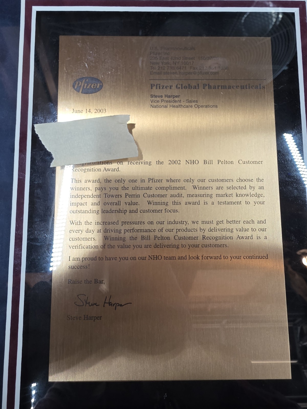 Pfizer Drug Company Framed Plaque Award Corporate Pharmaceutical Collectible