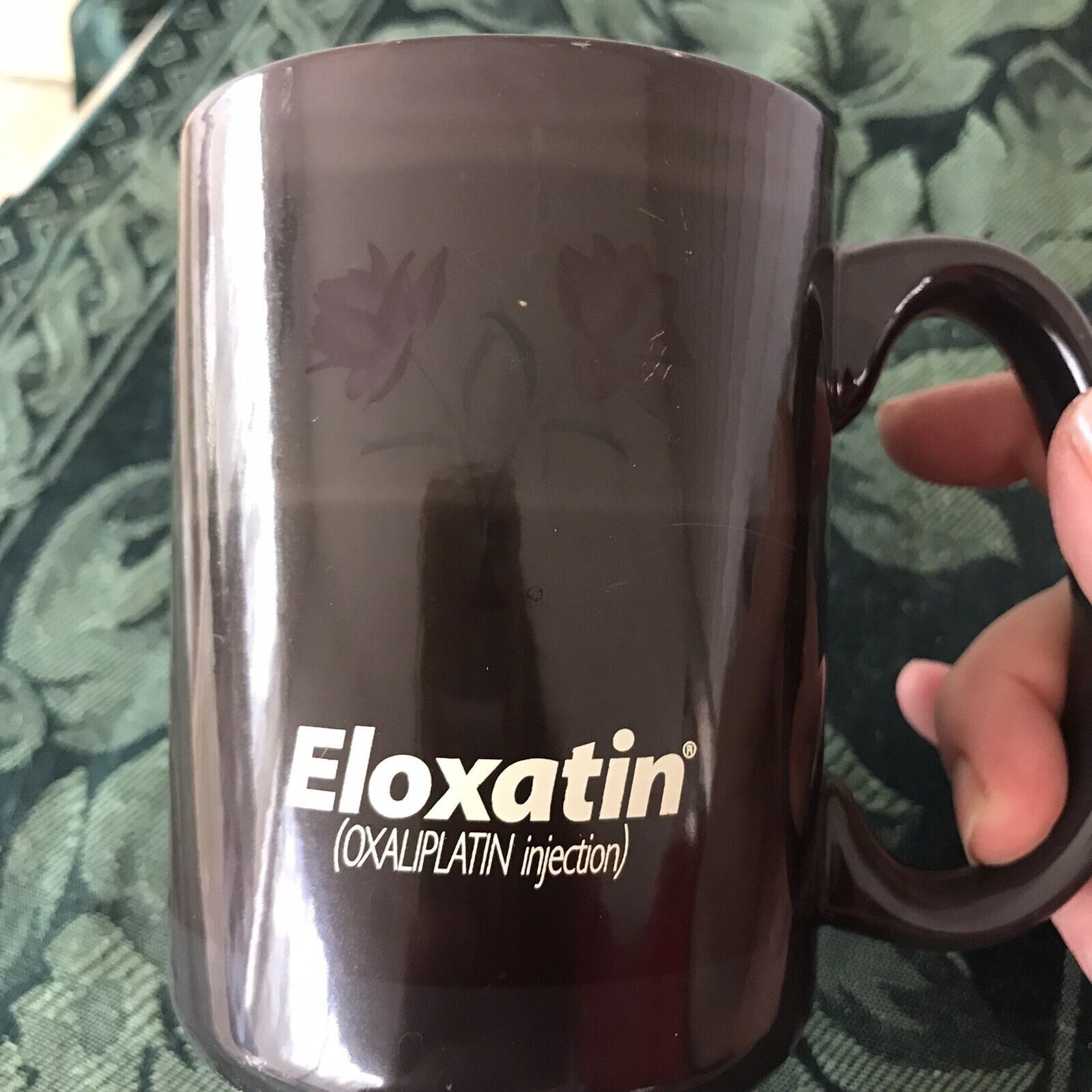 Eloxatin Pharmaceutical Cup Dark With Floral Design 4 1/2″ Tall