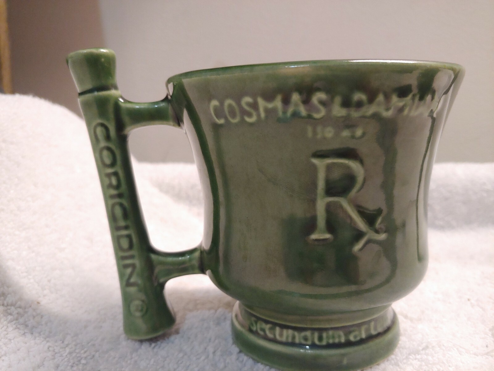 VTG Schering Cosmas & Damian Mortar Coricidin Pharmacy Herbalist – green