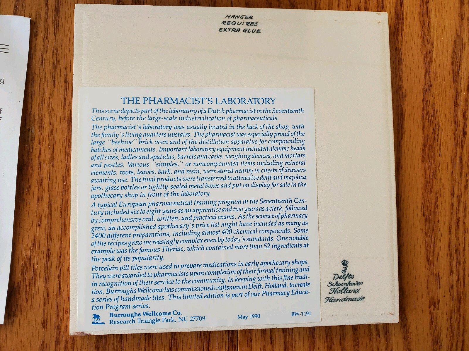 BLUE DELFT SCHOONHAVEN HOLLAND HANDMADE PILL TILE 1990 BURROUGHS WELLCOME CO.