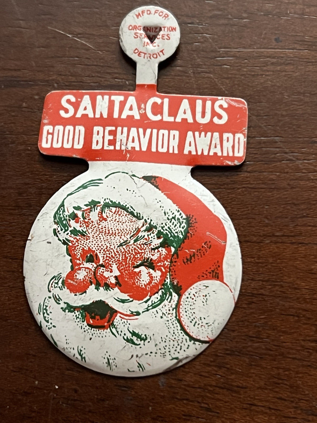 Santa Claus Good Behavior Award, fold tab Button, smiling Santa 2.25 in