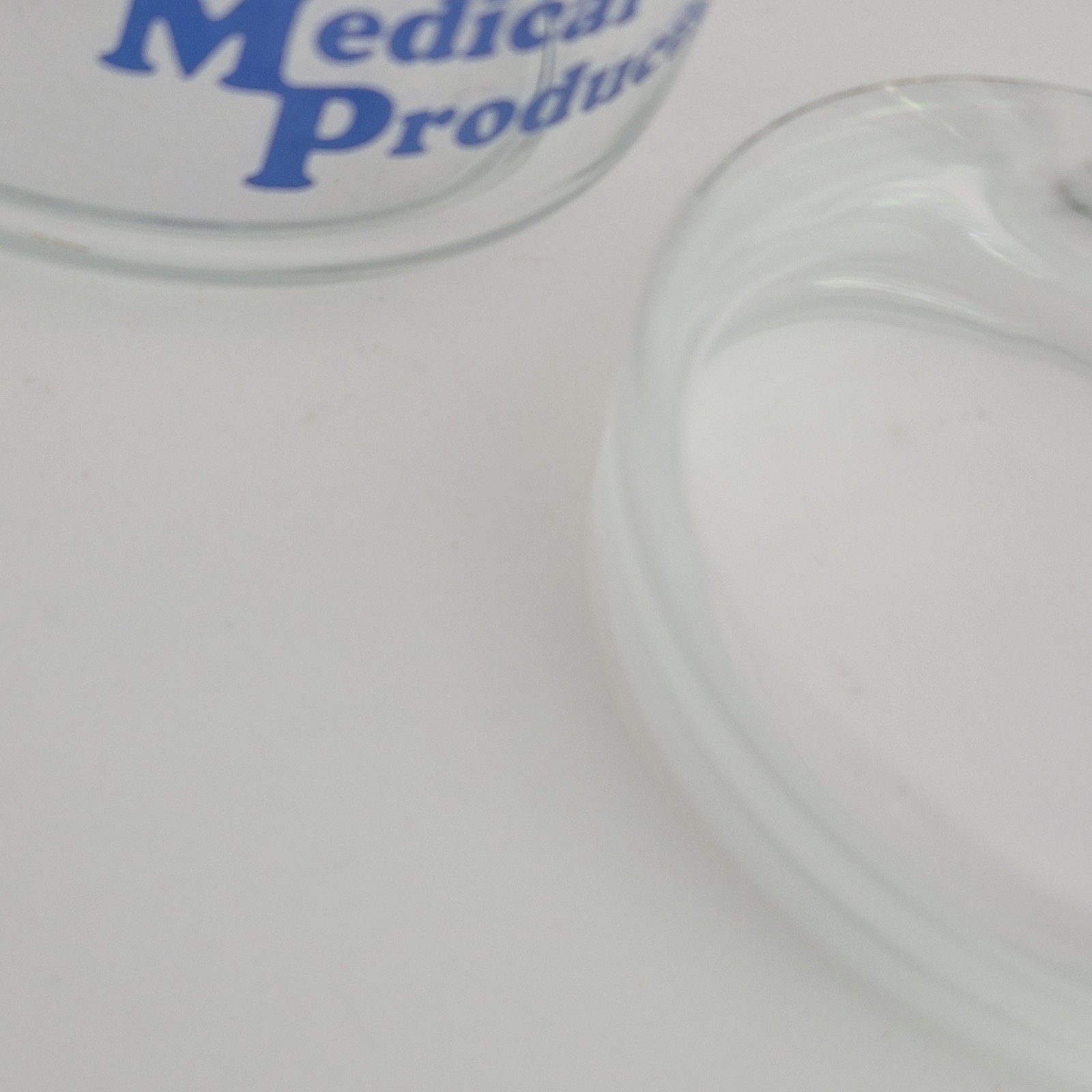 American Medical Products Clear Glass Jar Blue Writing 6″ VTG Retro