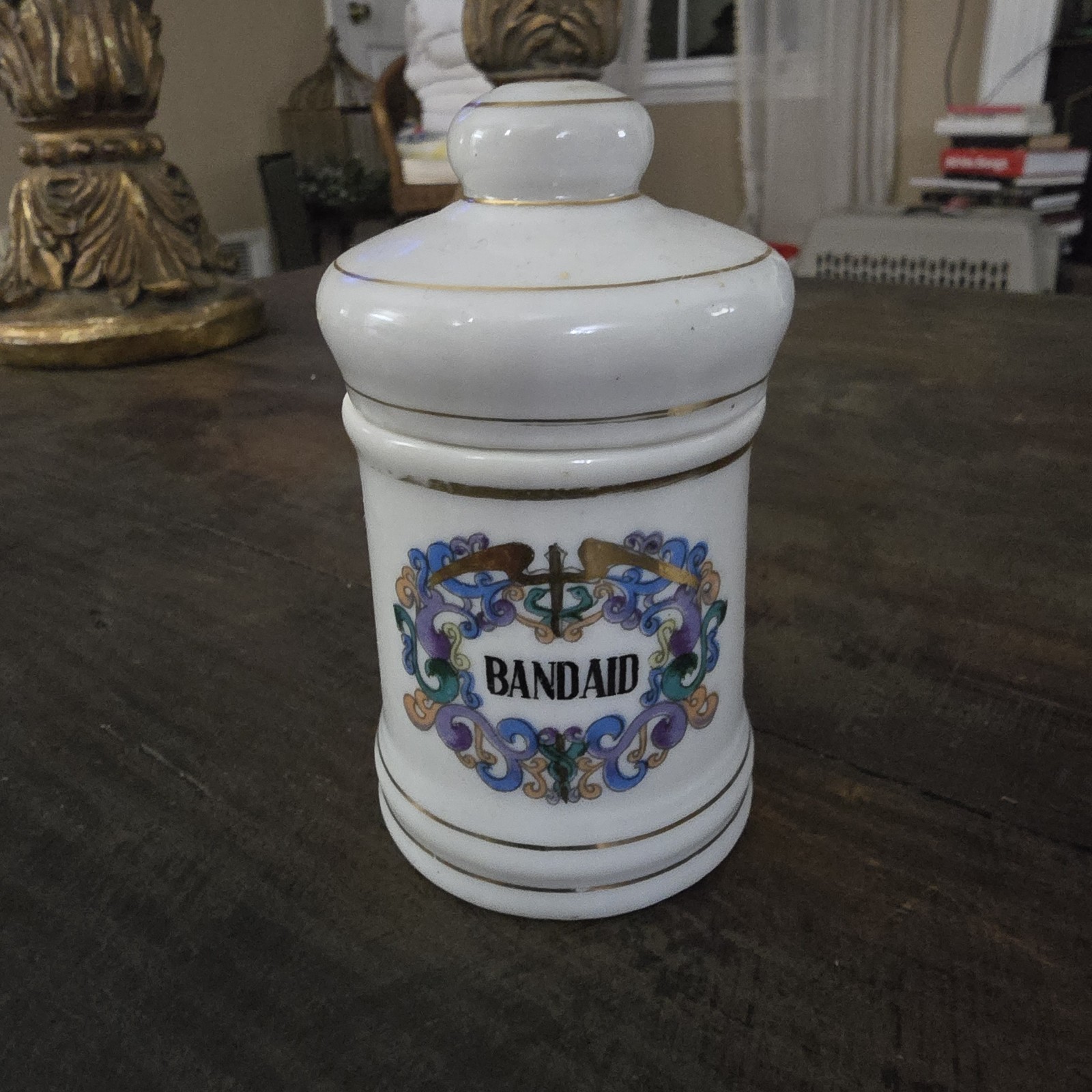 1950’s Apothecary Jars Home Bath Set/2 Vitamin and Bandaid Gold Trim