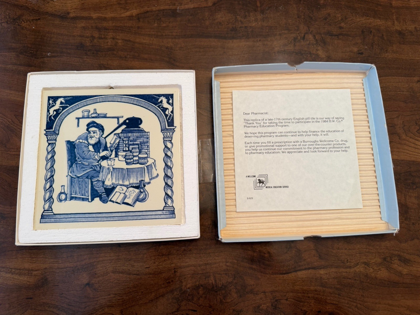 1984 Burroughs Wellcome Pharmacy Education Program Ceramic Pill Tile w/ Box