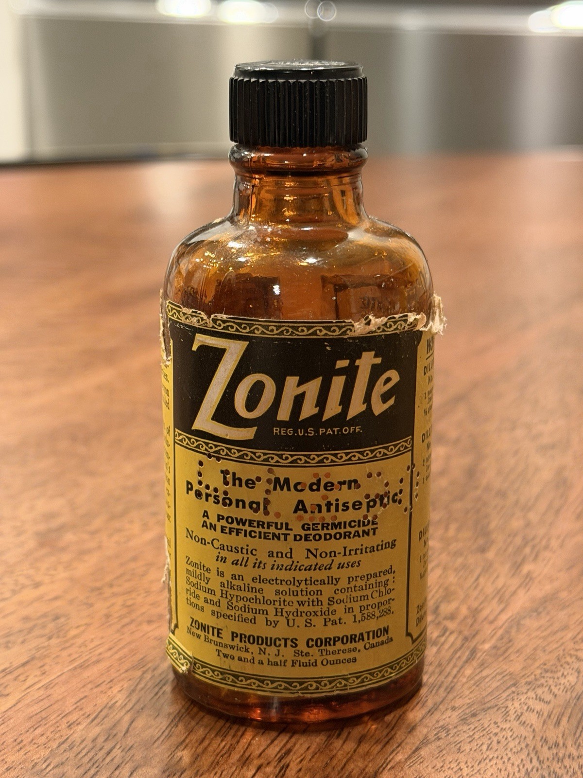 Vintage ZONITE Apothecary Amber Glass Bottle Antiseptic Germicide New Jersey s10