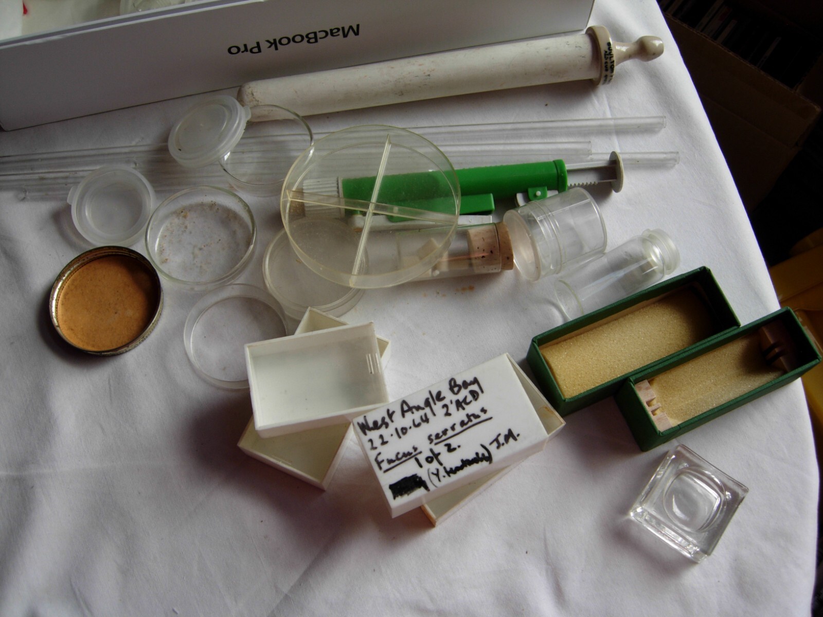 Collection interestesting scientific glassware dishes, slides, tubes