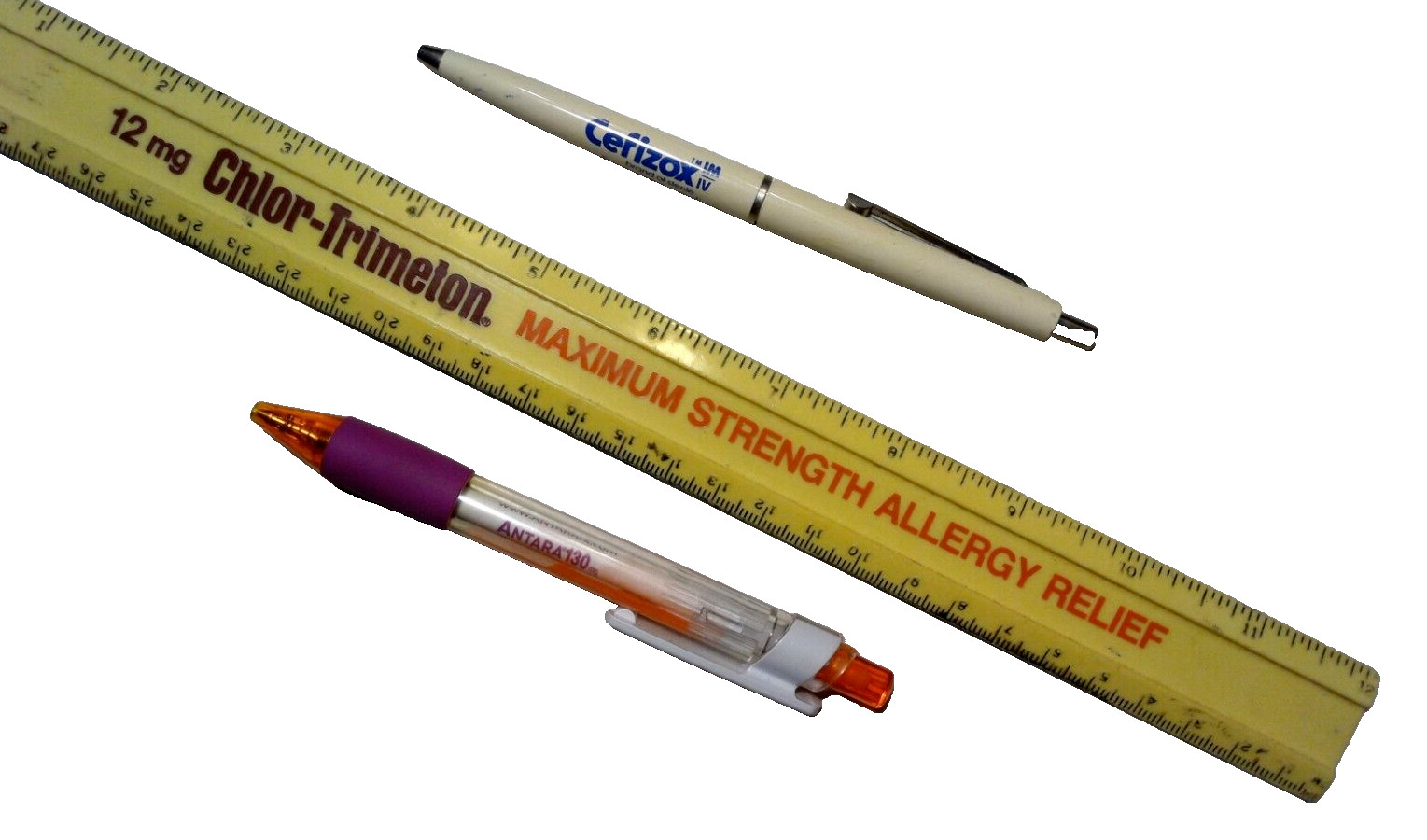 Lot of 3 – Vintage Drug Rep Promotional Ink Pens & CHLOR-TRIMETON Ruler