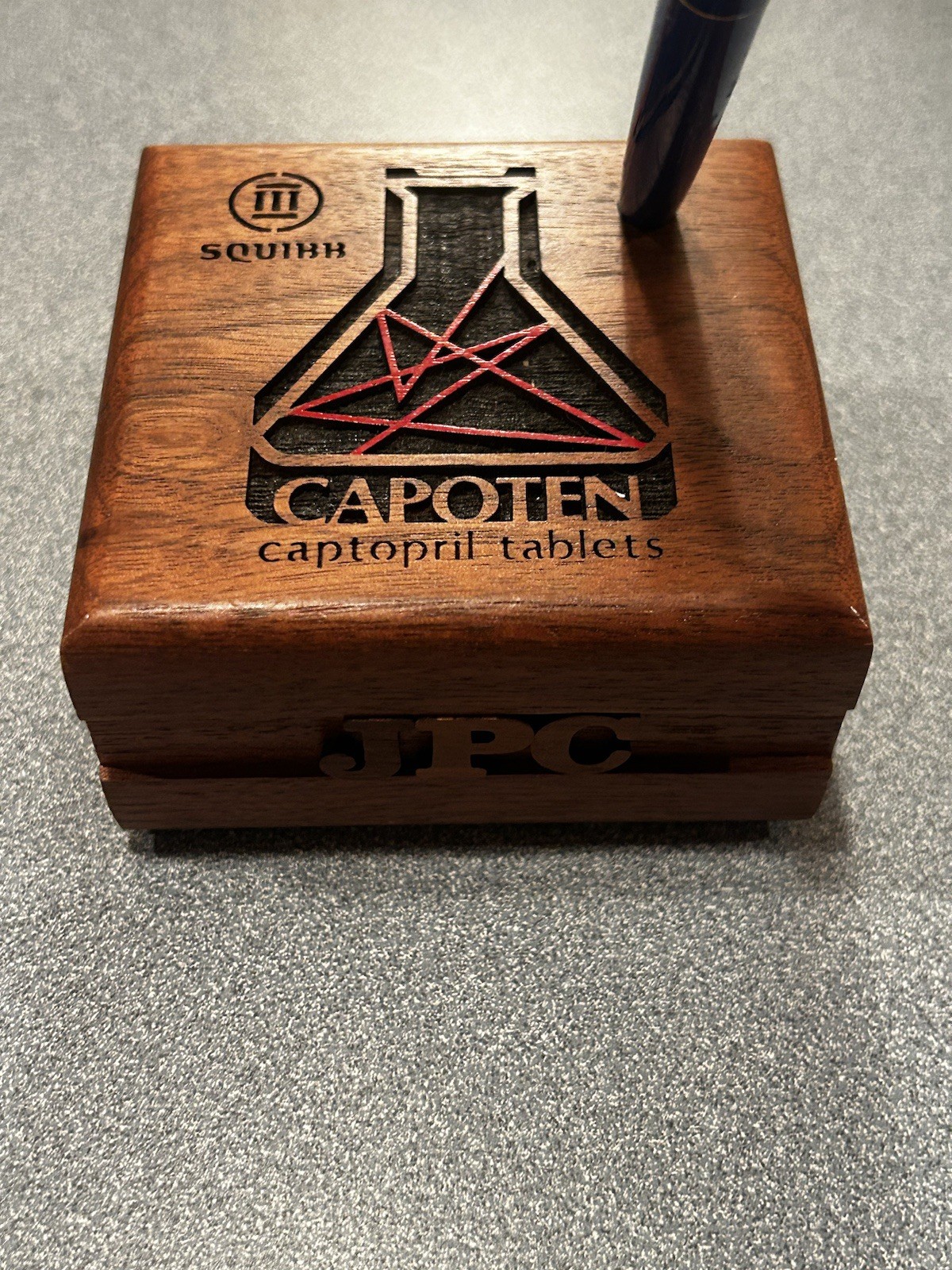 Rare Bristol Myers Squibb CAPOTEN Drug Rep Pen Desk Holder Laser Cut Wood