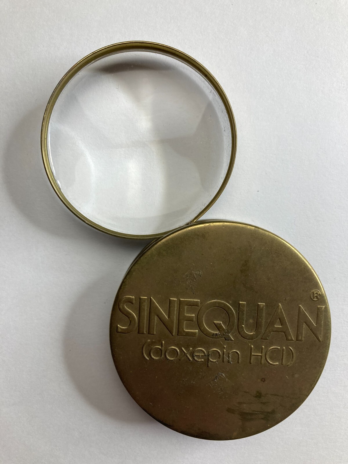 Vintage Sinequan Doxepin Drug Rep Brass Magnifying Glass Handout Doctor Office