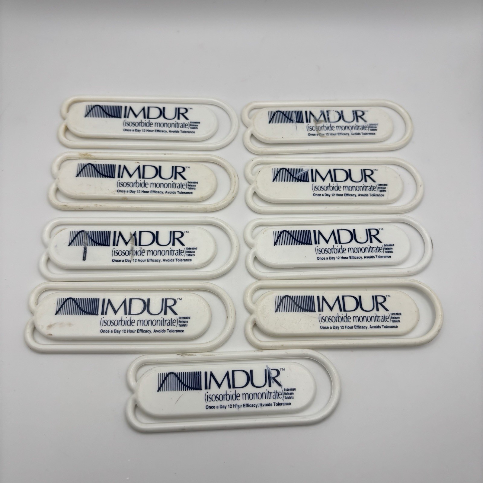 IMDUR Drug Rep Paperclip Promo White Plastic Lot of 9x – 3” Long