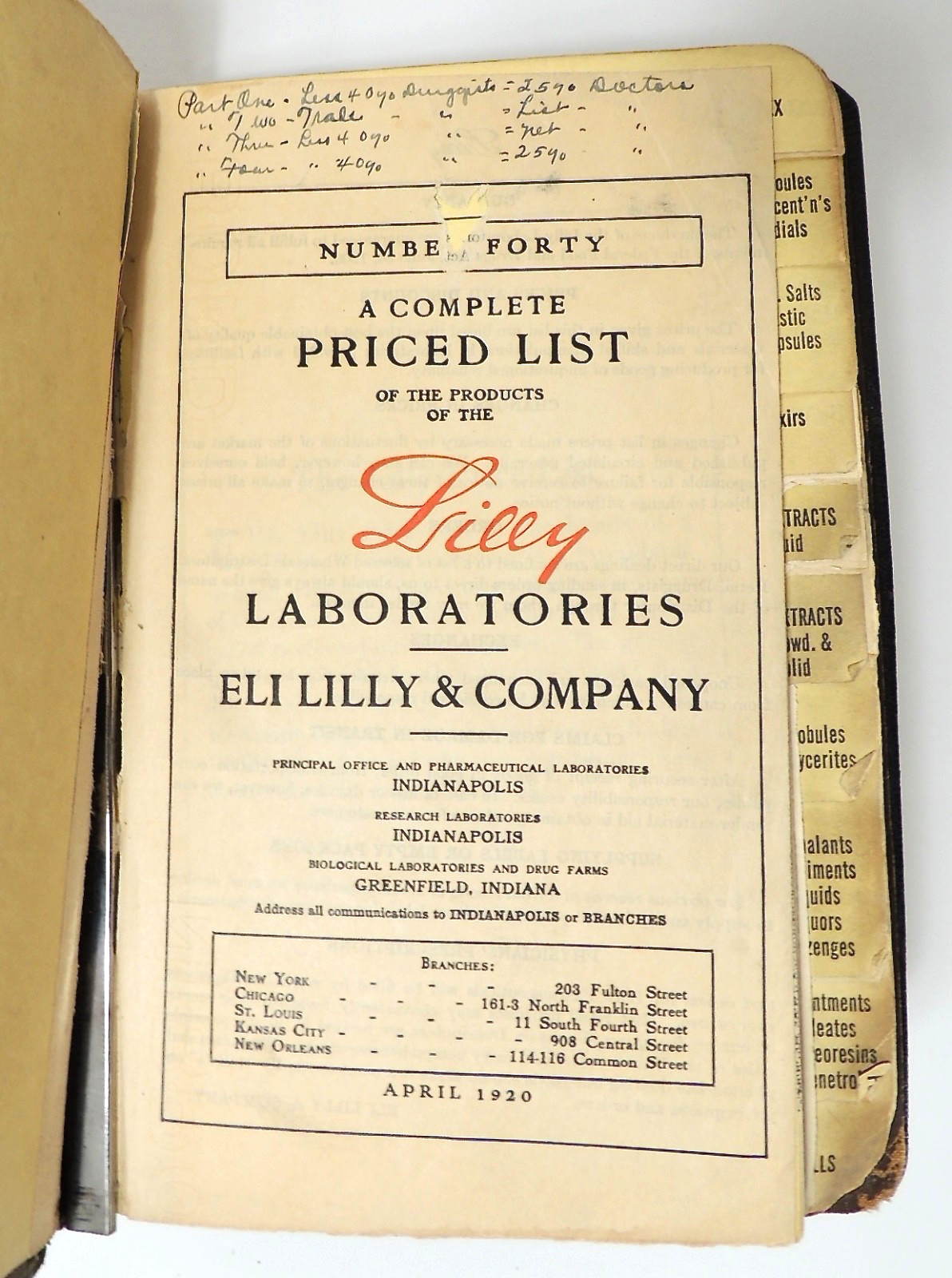 1920 Eli Lilly Pharmacy Price List Number 40