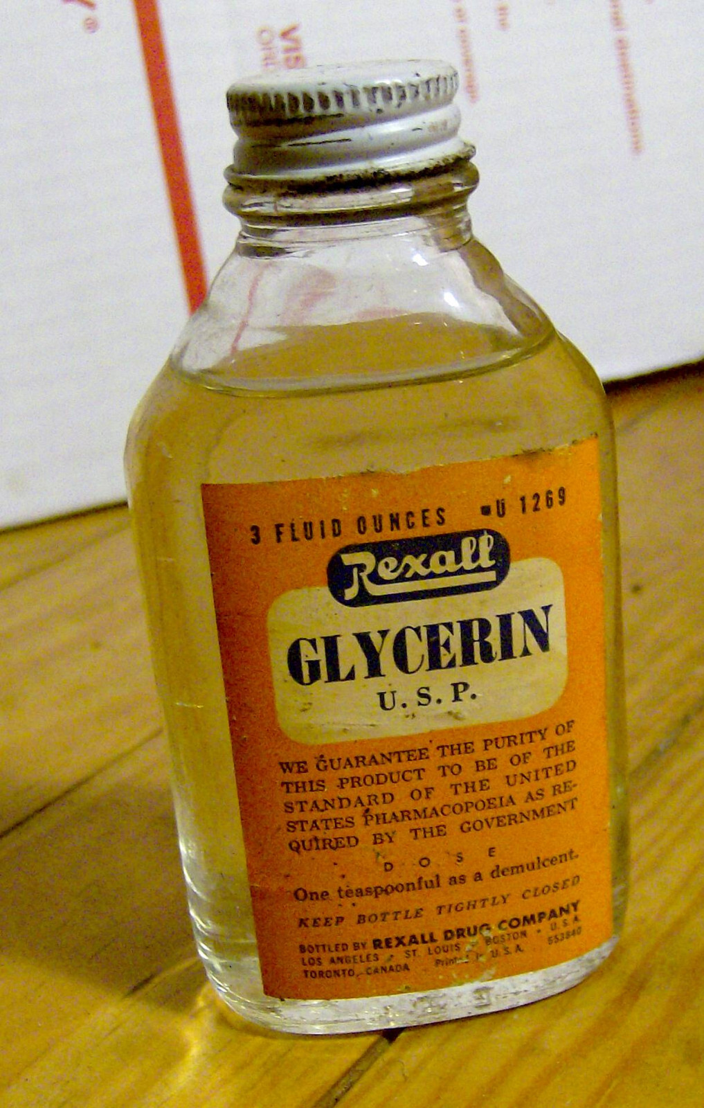 RARE vintage 1950s REXALL PHARMACY glass Glycerin bottle MEDICAL pharmaceutical