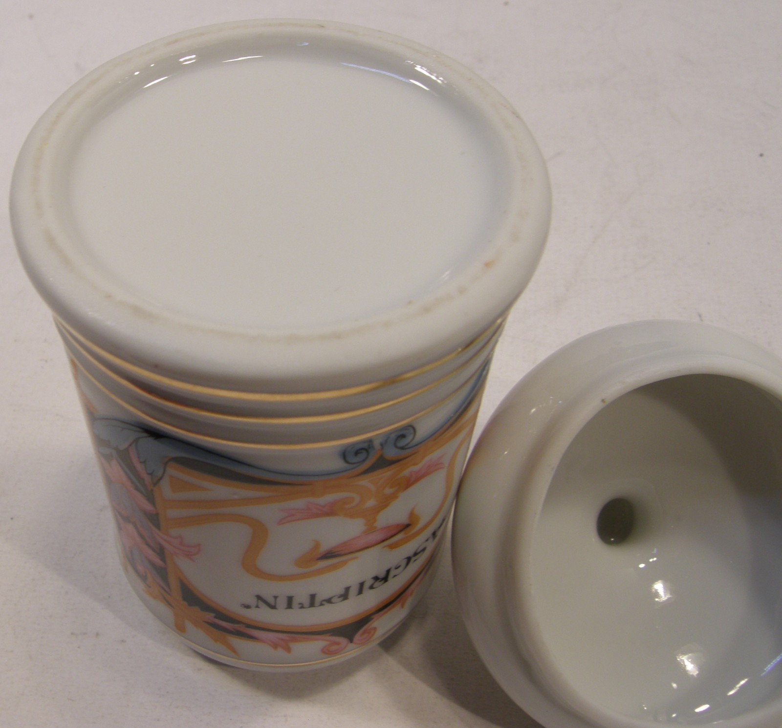 VINTAGE PORCELAIN ASCRIPTIN APOTHECARY PHARMACY JAR W/LID DRUG REP PHARMA