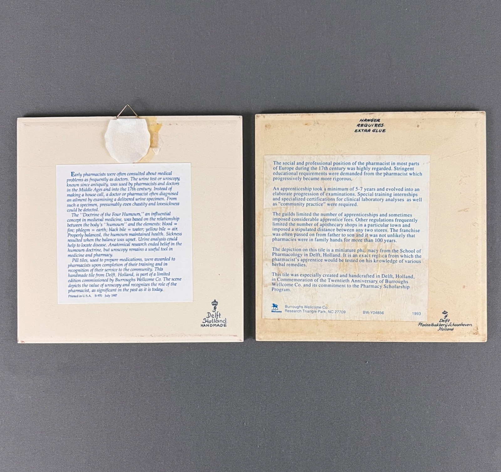 Burroughs Wellcome Pharmacy Education Program Holland Delft Pill Tiles 1987 1993