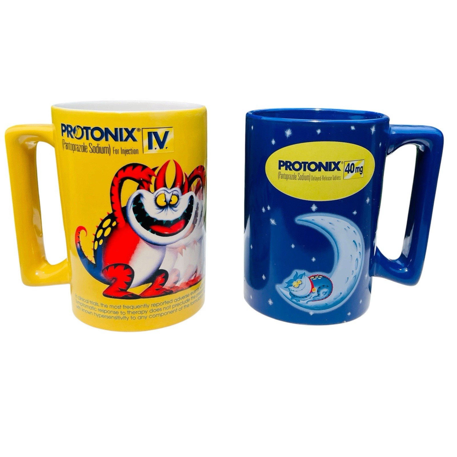 Lot Of 2 Protonix Coffee Mugs Heartburn Monster Pharmaceutical Advertisement