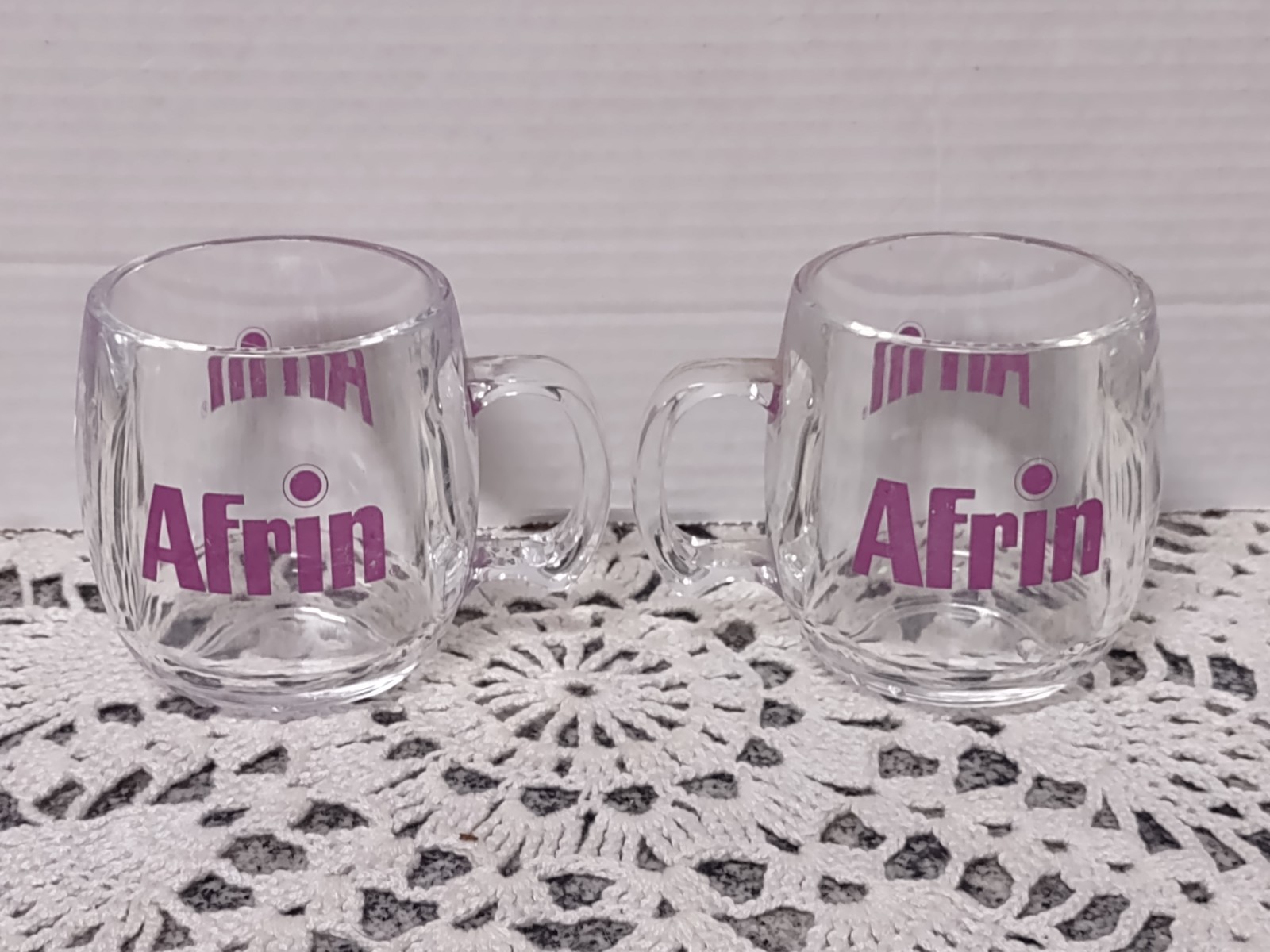 Afrin Coffee Mug Cup Pharmaceutical Drug Rep Promo Clear Acrylic set of 2