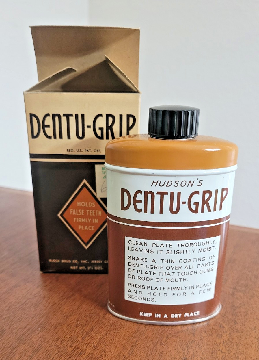 Vintage NOS Dentu-Grip 2.5oz tin with original Box by Block Drug Co.