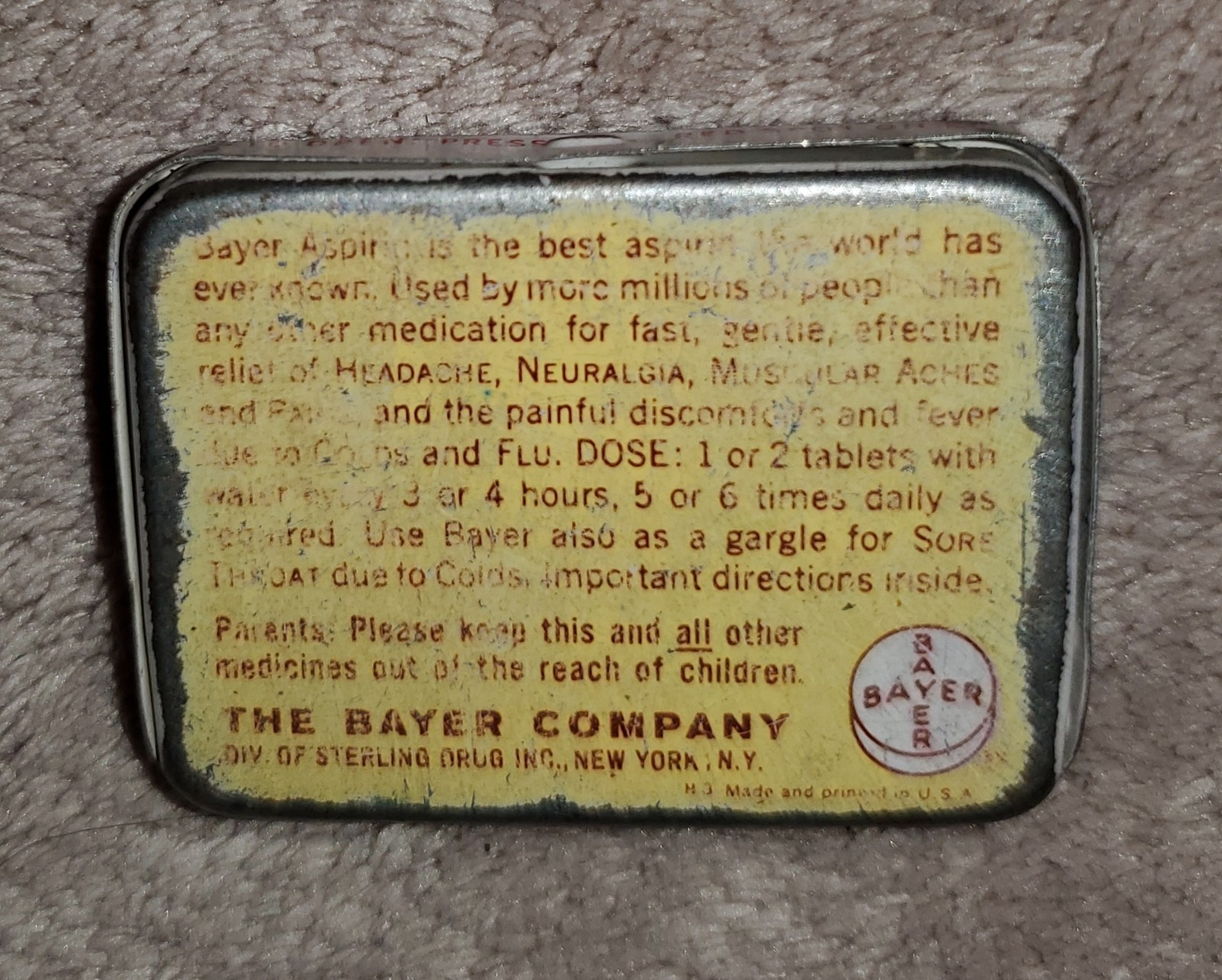 Vintage Bayer Aspirin Tin 12 Tablets Yellow Brown Pocket Metal Case Made in USA