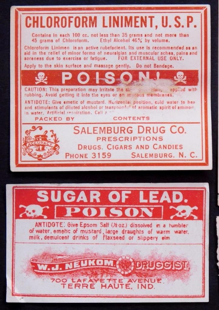Original Poison Pharmacy Labels Human/Animal DDT Wood Alcohol Sugar of Lead s1-1