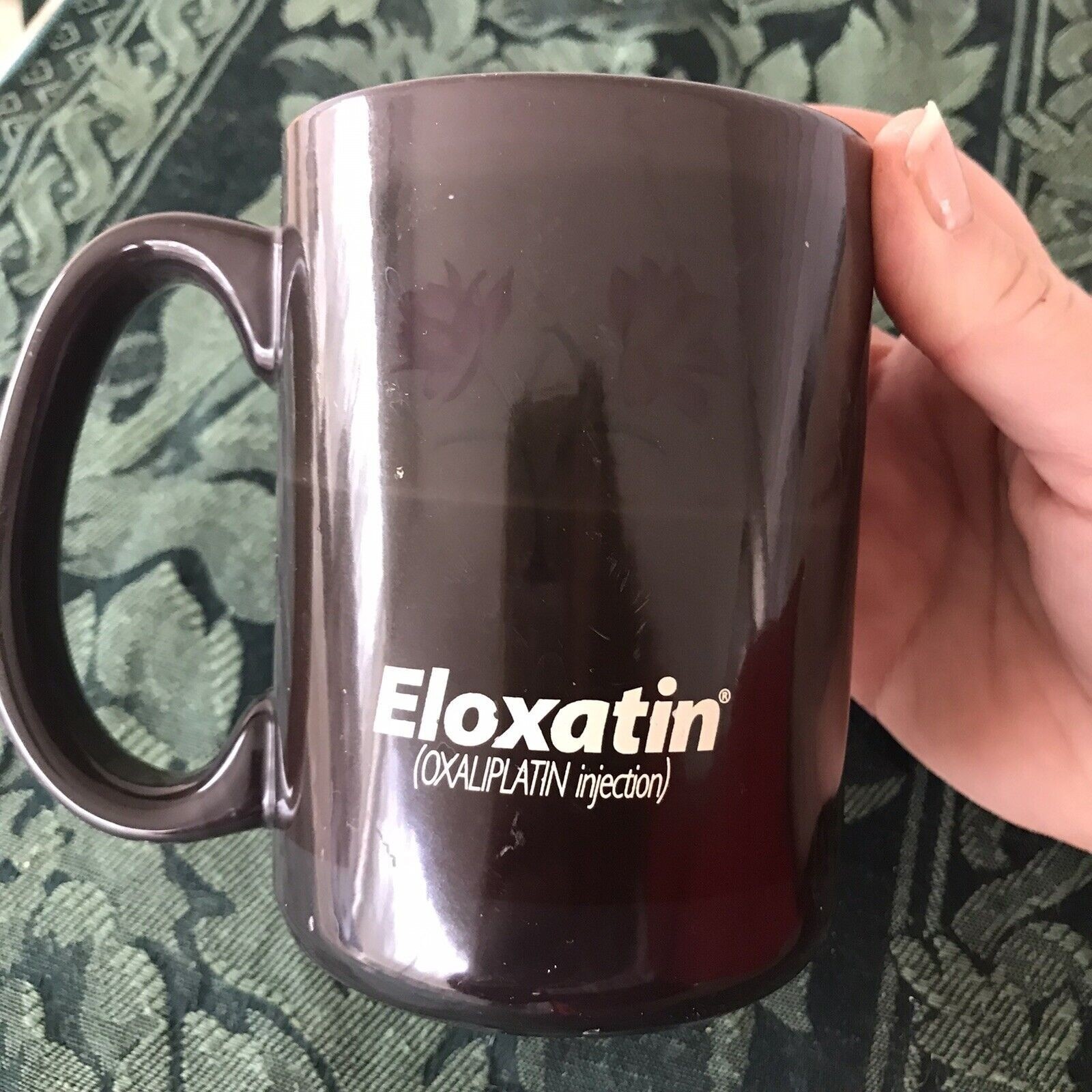 Eloxatin Pharmaceutical Cup Dark With Floral Design 4 1/2″ Tall