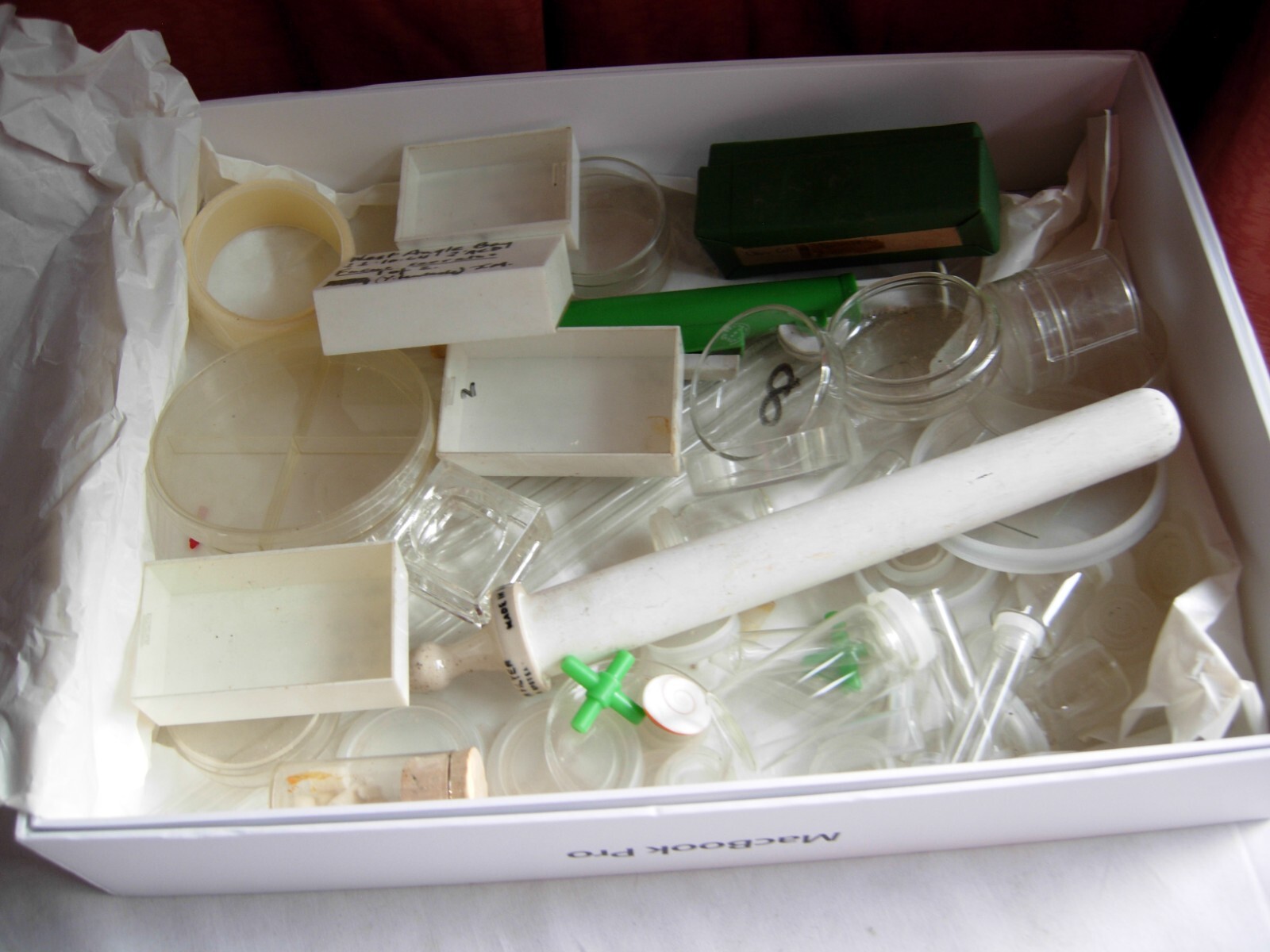 Collection interestesting scientific glassware dishes, slides, tubes