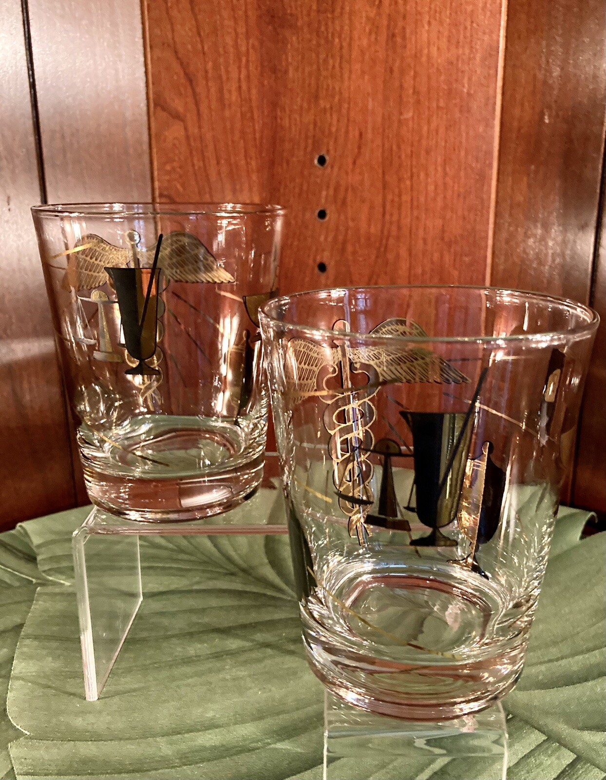 2~ RX Pharmacy Apothecary Double Old Fashion Glasses Gold & Black Set of 2*VGC