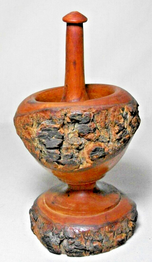 VINTAGE WOOD WITH BARK MORTAR & PESTLE SET