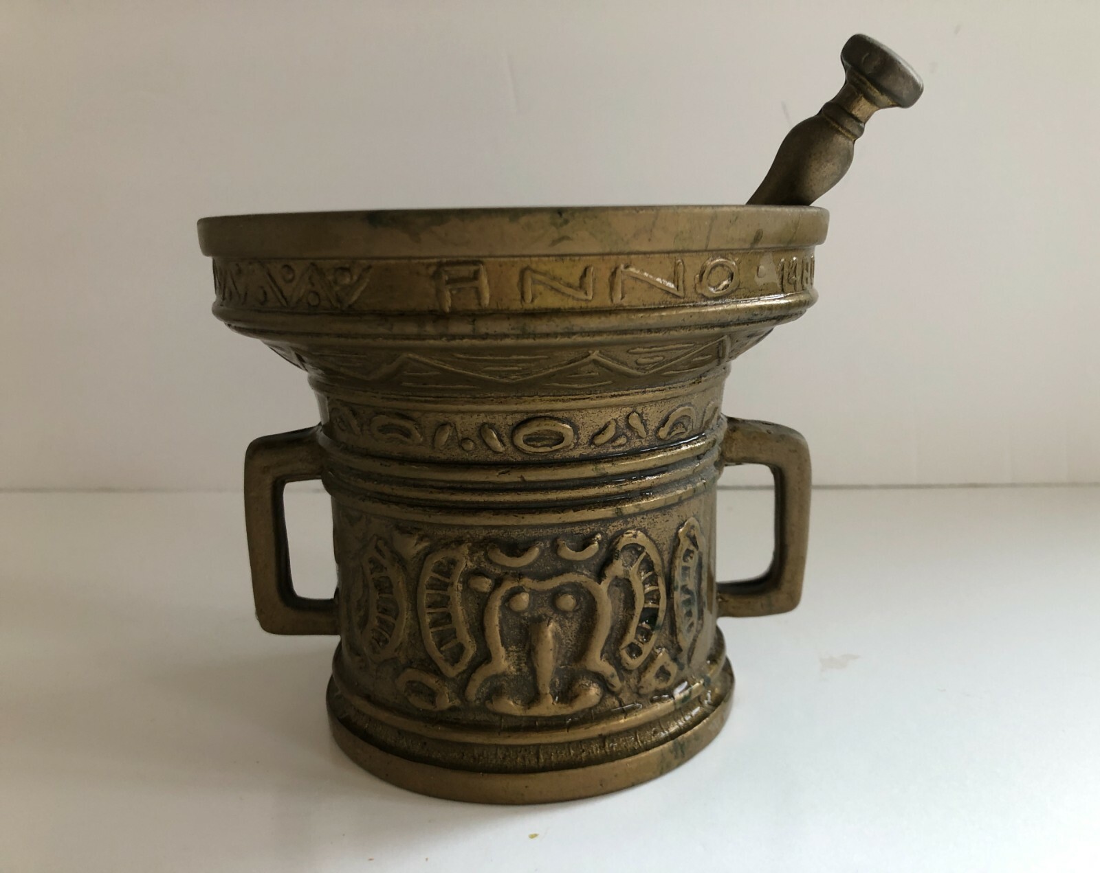 Antique Bronze Apothecary Mortar & Pestle Niette Verwin Anno 1480
