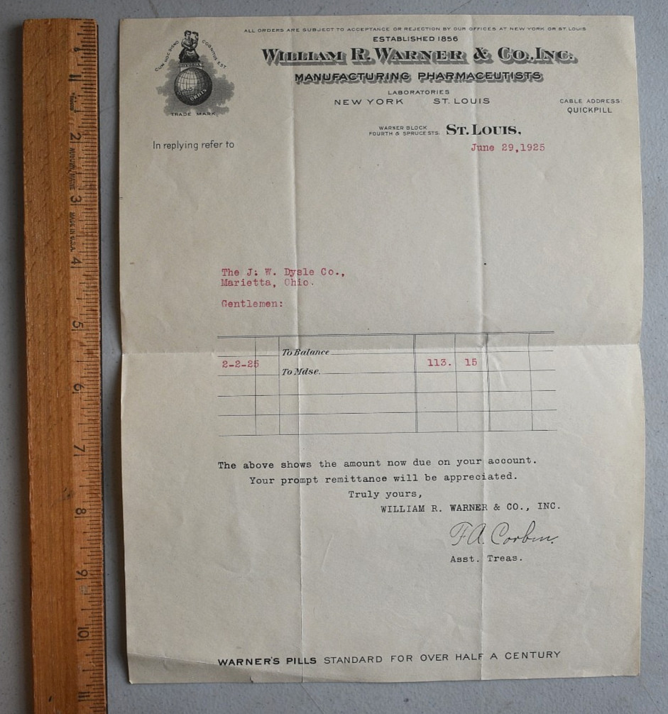 William R. Warner Medicine Drug Pharmacy Laboratories Vintage 1925 LETTERHEAD