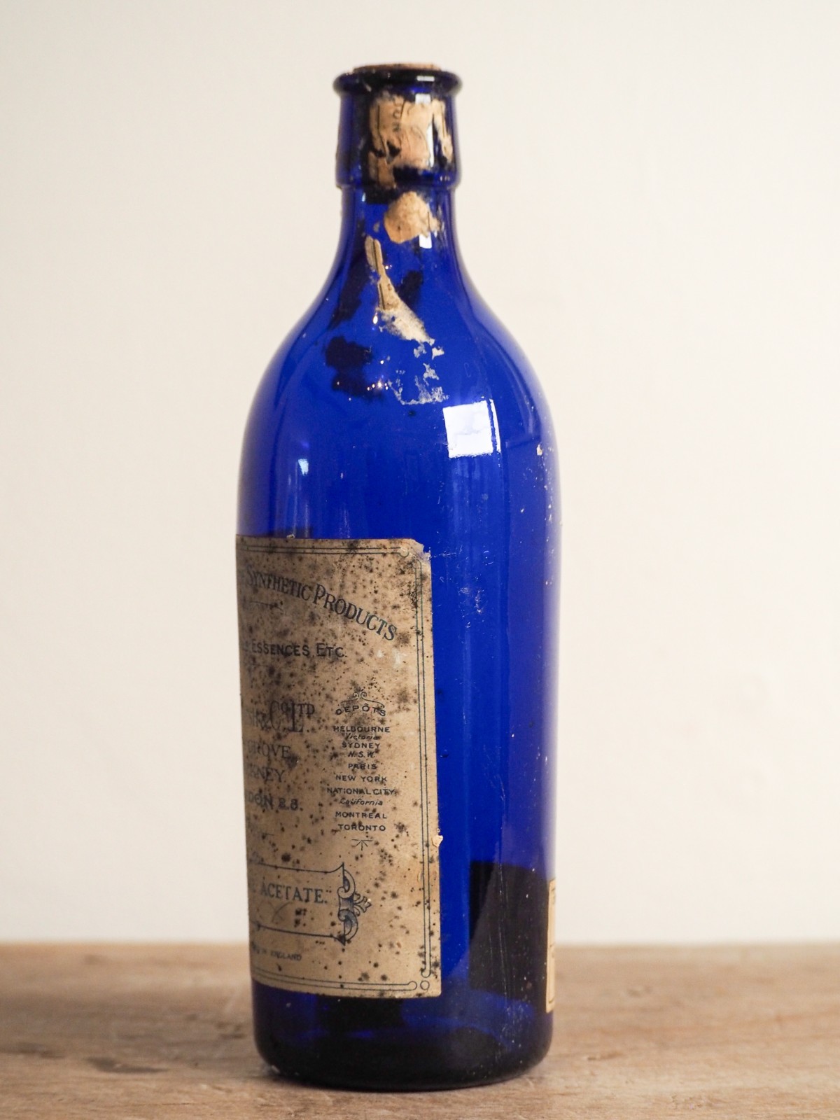 Antique Victorian Blue Bottle with Stopper and Original Label -Sold Individually